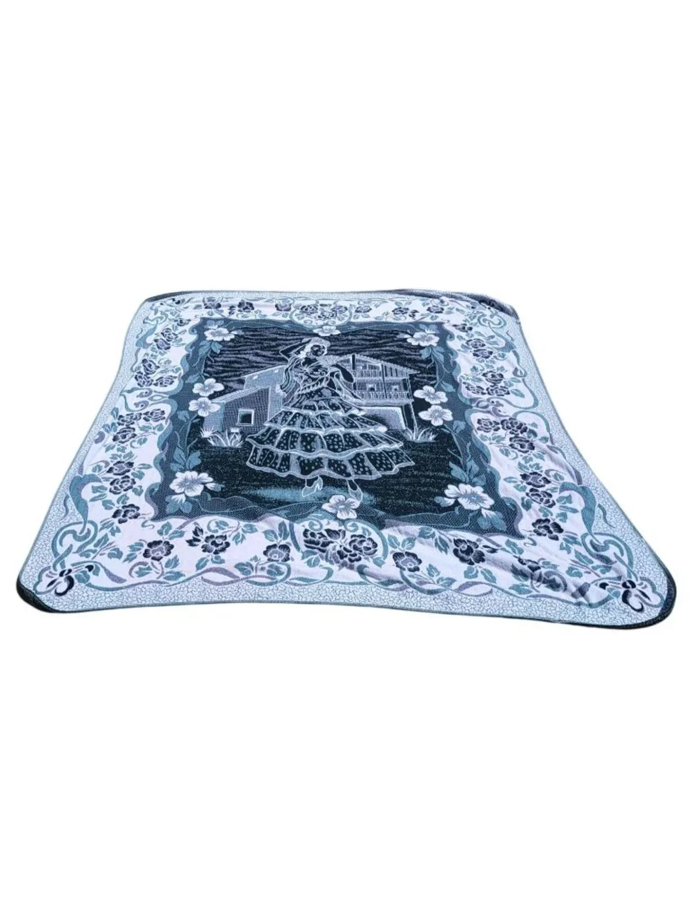 Vintage Spanish Flamenco Dancer Woven Tapestry Throw Blanket With Floral Border